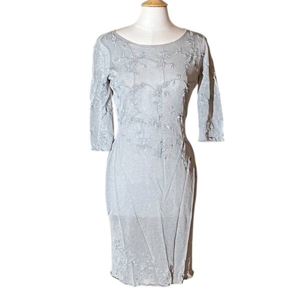 Tahari Semi-Sheer Silver 3/4 Sleeve Embroidered Beaded Evening Dress, LP - Picture 1 of 14